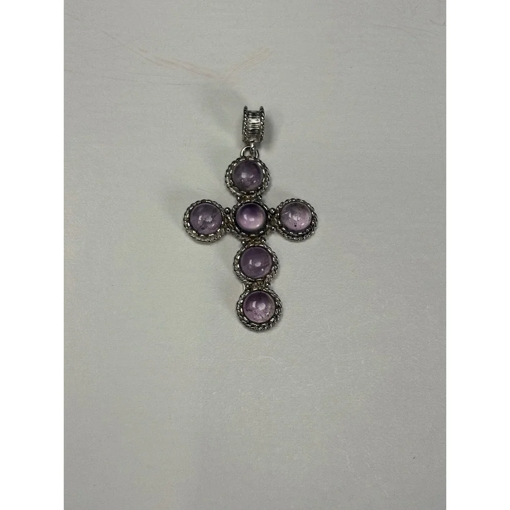 Silver‎ Tone Cross Pendant Necklace with Amethyst Cabochons
